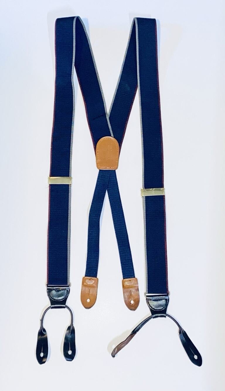 Cole Haan Suspenders Braces One Size Blue Burgundy Gray Brass Made USA Vintage
